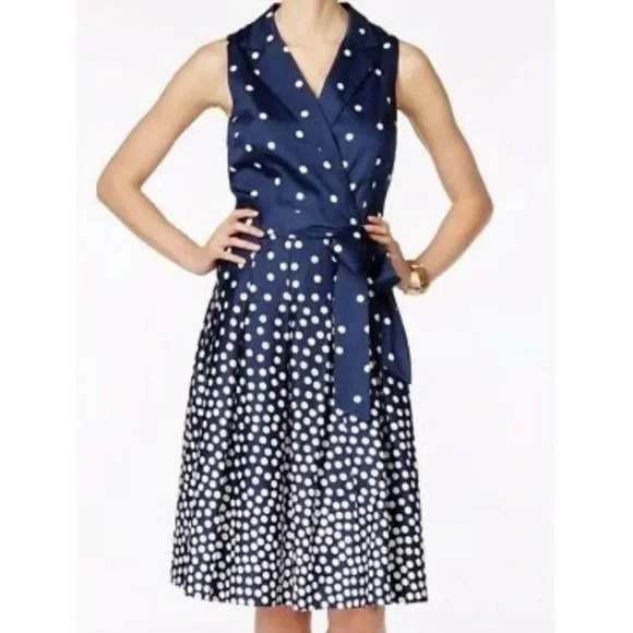 Anne Klein Navy Blue & White Polka Dot Midi Dress - Picture 1 of 17
